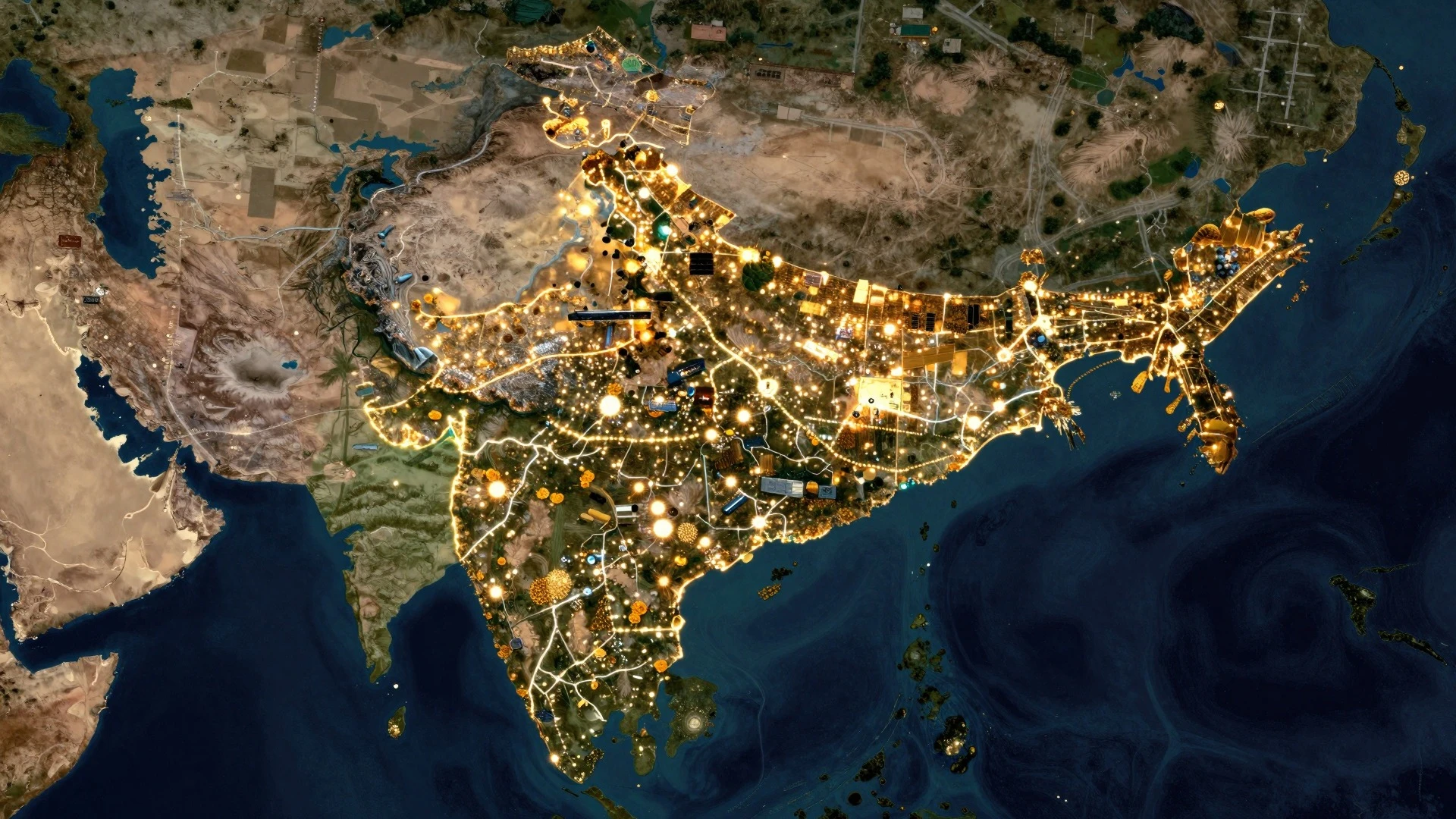 Mapa noturno estilizado da Índia com luzes das cidades