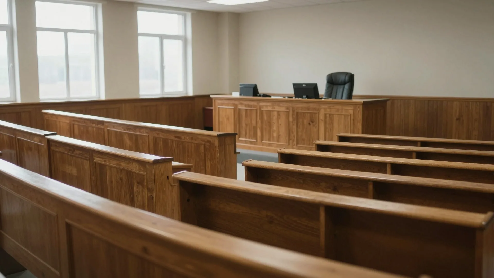 Ilustração: sala de audiência vazia em tribunal indiano