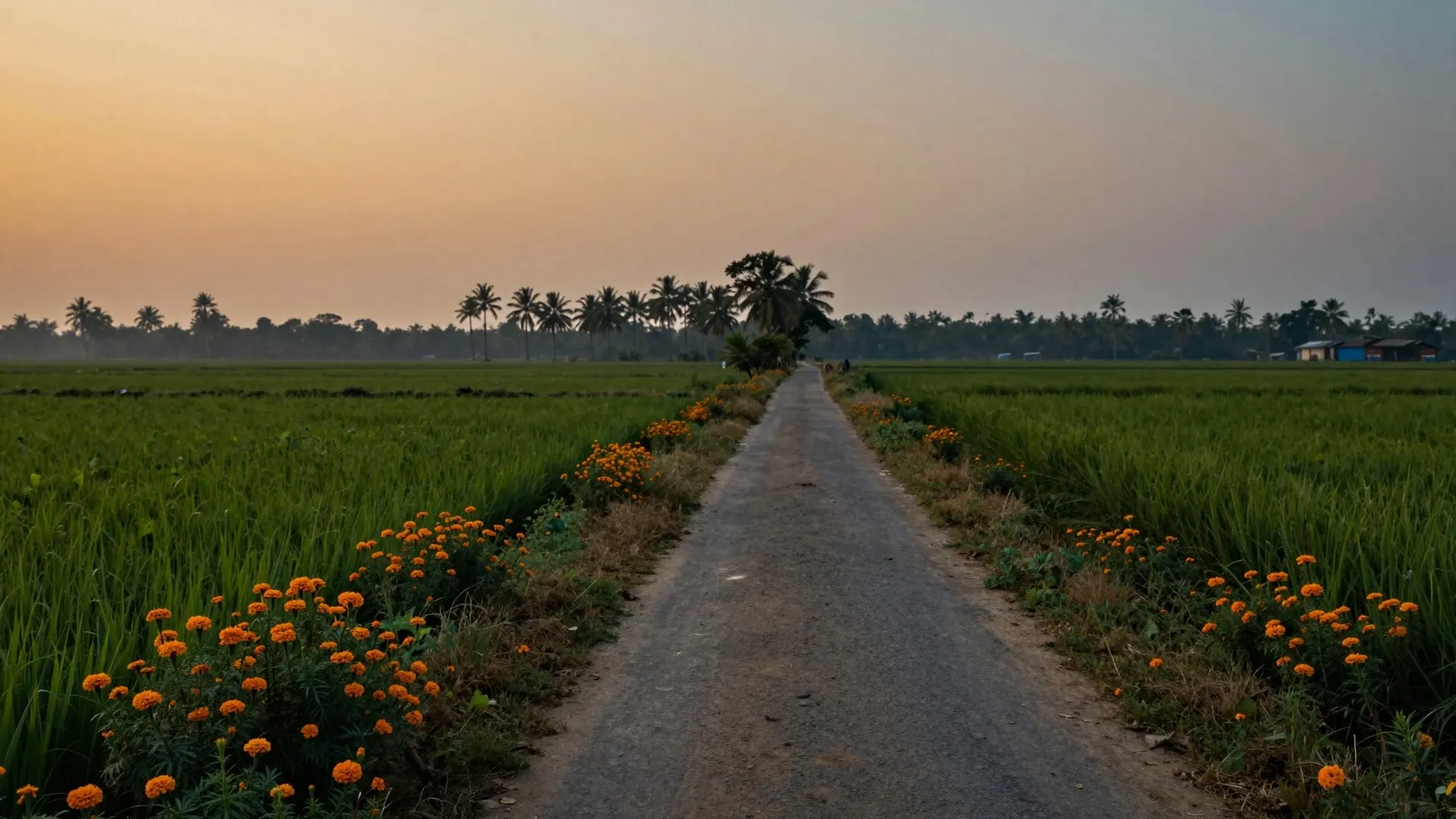 Estrada rural entre plantações de arroz e flores em West Bengal, ao entardecer